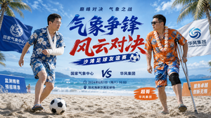 国家气象中心裸体胳膊打着绷带的田首席和华风集团裸体拄拐的超哥足球比赛海报