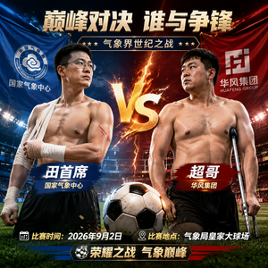 国家气象中心赤裸上身胳膊打着绷带的田首席和华风集团赤裸上身拄着拐杖的超哥足球比赛海报，比赛时间2026年9月2日，地点：气象局皇家大球场