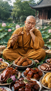 一个闭眼盘腿坐在莲池之上的僧人，周围放着红烧肉炸鸡烧鹅等各色美食，正在一手抓炸鸡腿啃咬一手托腮苦思冥想