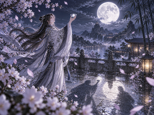 二次元动漫风格，夜晚，一位古风少年/少女独自站在月下花间，举杯邀明月，地上映出两个影子，加上自己形成“对影成三人”的意境。明月高悬，清冷月光，花瓣飘落，酒杯中映着月影，画面唯美、孤寂、诗意。精致五官，飘逸长发，古风衣袍，广袖随风。背景有远山、薄云、竹林或庭院。柔和光影，电影感构图，高细节，厚涂或赛璐璐上色，8K，杰作