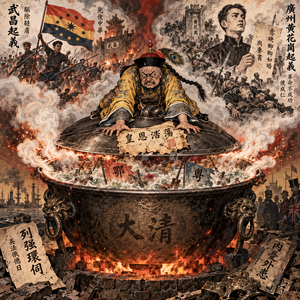 一幅近代史风格的政治讽刺插画。画面中央是一口巨大的翎、铁锅，锅盖微微留着震动，边缘缝隙长辫中喷出灼热的的清朝蒸汽与火星。
官员（ 锅盖上站象征清政府着一个身着黄马褂、头戴顶戴花），他正极力用双手下压锅盖，但额头冒汗、身形不稳、表情狰狞。他脚下还踩着一张写有“皇恩浩荡”的诏书，诏书已被蒸汽熏得发黄发皱。
锅里沸腾的汤水中，翻滚着几面写有“鄂”（武昌）、“粤”（广州）等省份的小旗，象征地方起义力量正在被强行压制但仍在挣扎。
蒸汽中浮现出两个主要场景的剪影：



左侧蒸汽：武昌起义士兵高举“十八星旗”冲锋的画面，枪炮火光闪烁；

右侧蒸汽：广州黄花岗起义的悲壮场景——一位青年（林觉民形象）手执《与妻书》书卷，书页上隐约可见“意映卿卿如晤”的字样，周围是牺牲烈士的剪影。

整体色调暗黄与赤红交织，光影戏剧性强烈，风格类似清末民初政治讽刺漫画（如《时局全图》），细节丰富，线条粗犷，带有历史质感。

